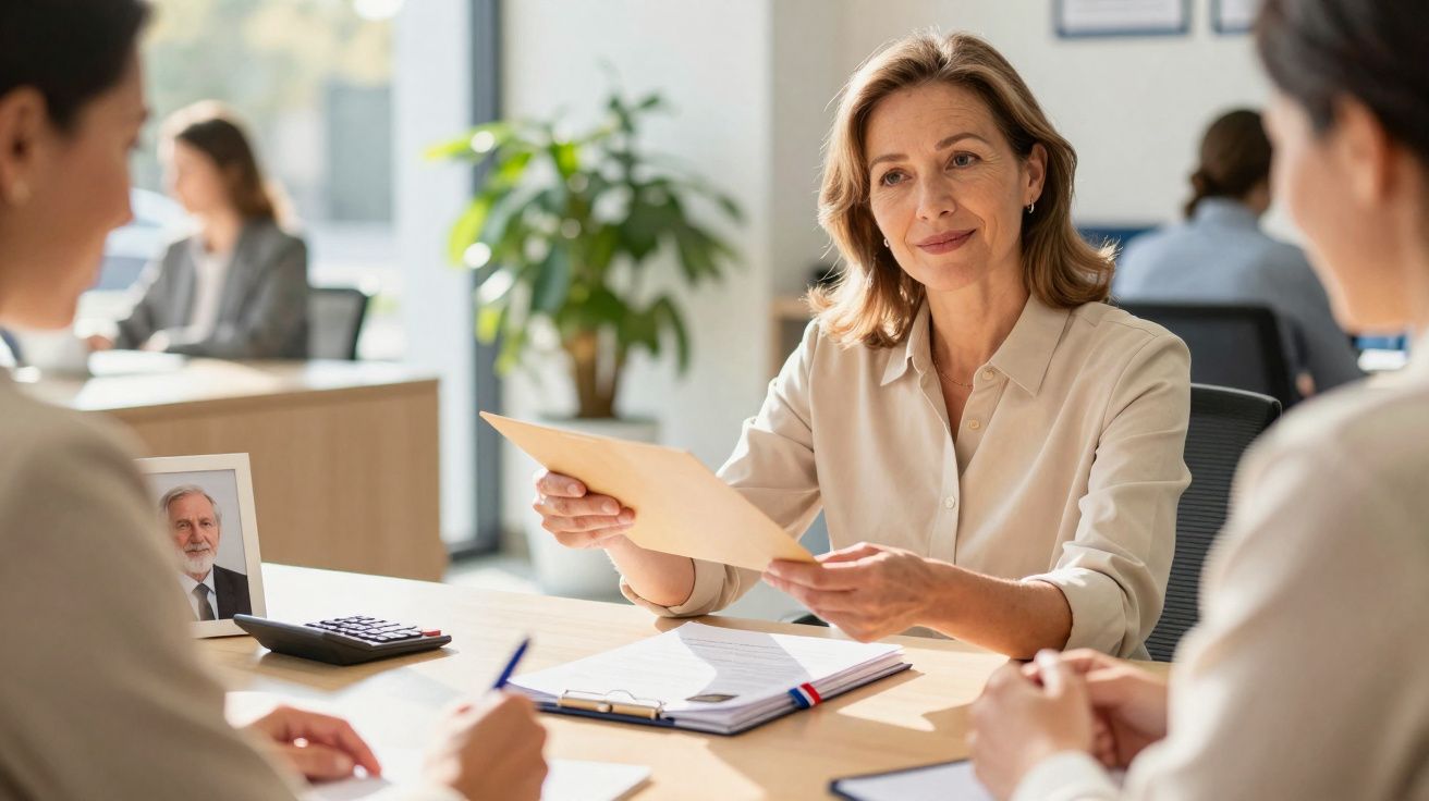 Mulher entrega um documento para duas pessoas em escritório com ambiente iluminado e plantas ao fundo.