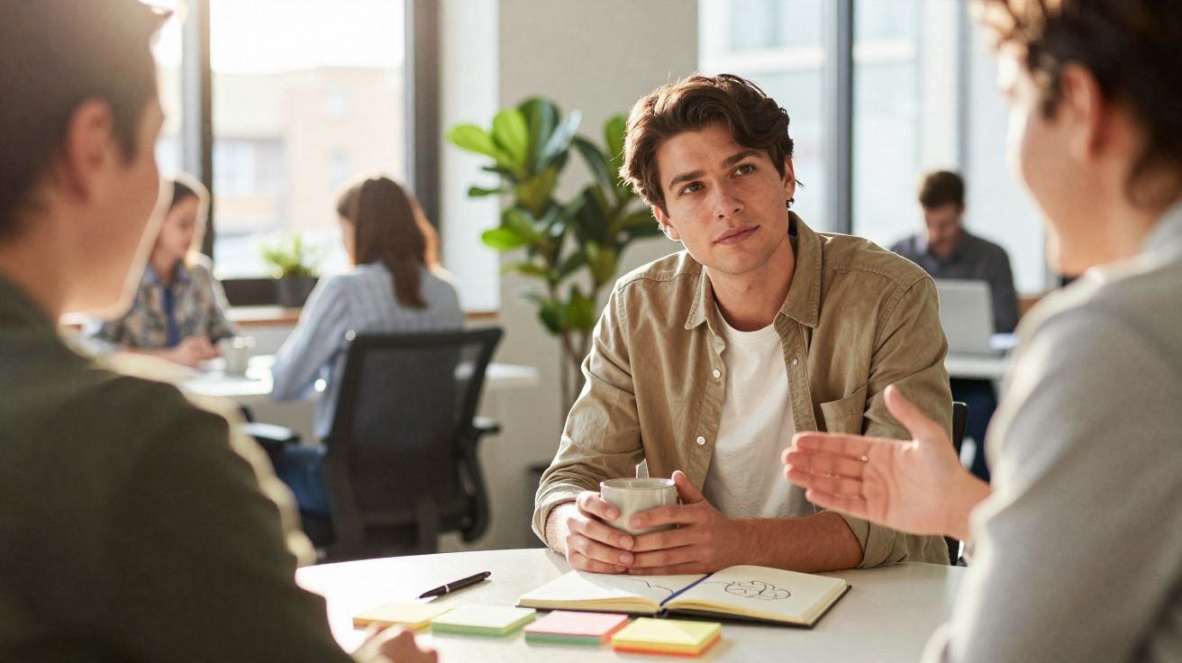 Jovens em reunião de trabalho, um homem segurando caneca e ouvindo atentamente conversa.