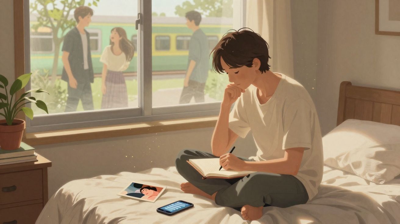 Jovem sentado na cama escrevendo em caderno, com foto e celular ao lado, enquanto pessoas conversam fora da janela.