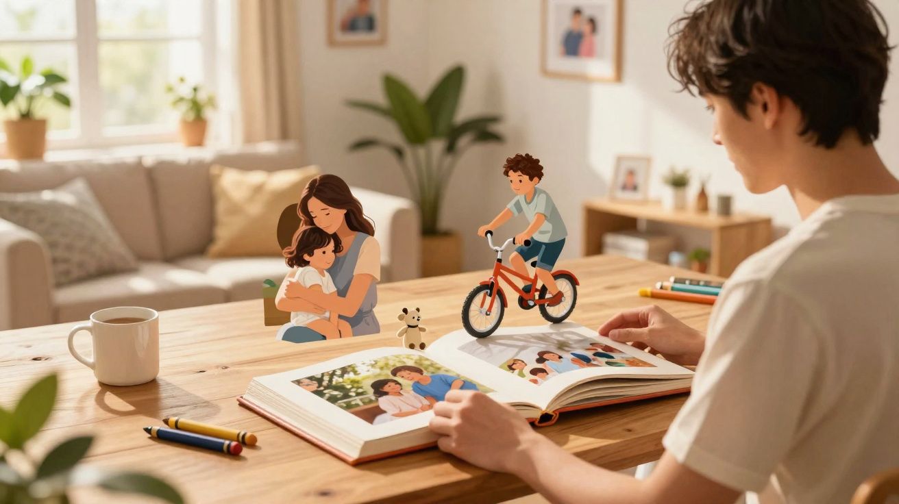 Pessoa lendo livro de memórias com imagens de família flutuando em quarto iluminado com plantas.