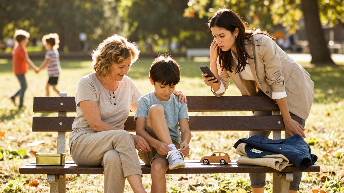Mulher e idosa ajudam menino a amarrar o tênis em banco no parque com crianças ao fundo.