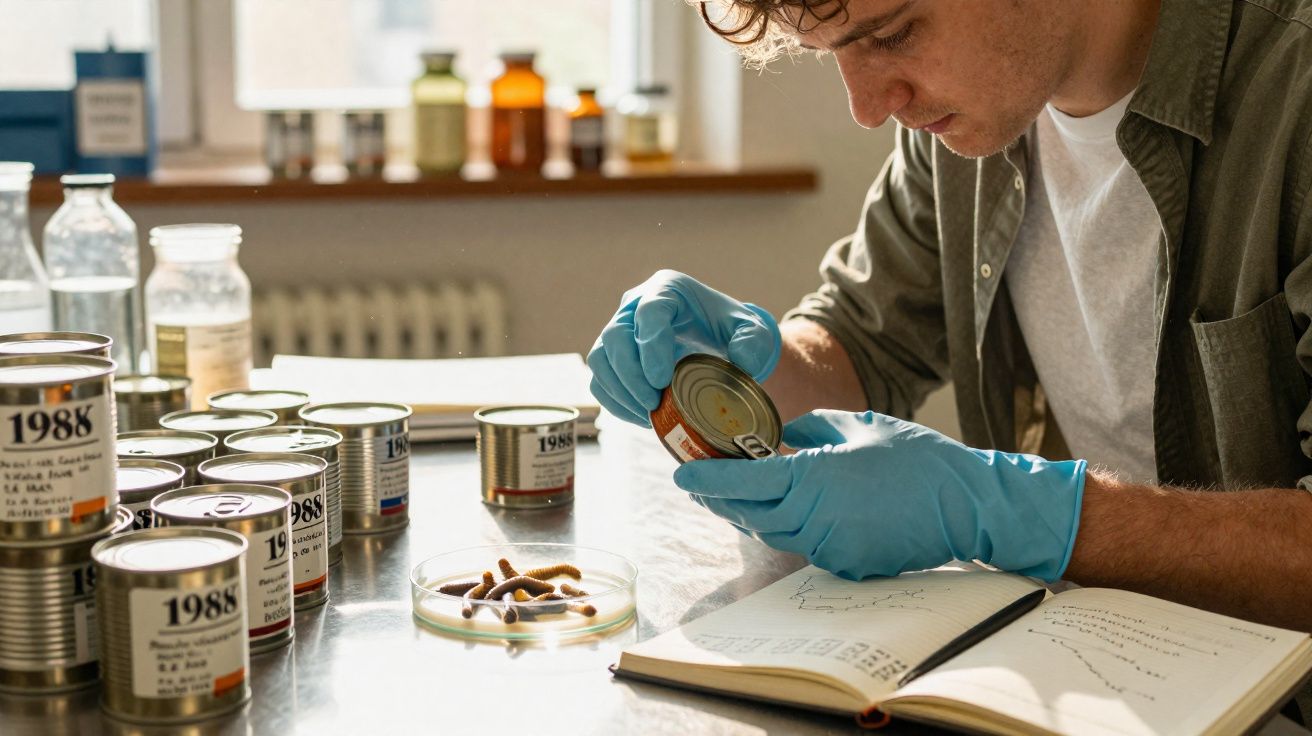 Pesquisador com luvas de proteção analisa lata antiga de alimentos em laboratório com cadernos e amostras.