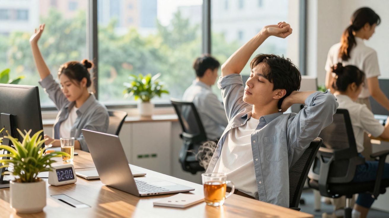 Jovem esticando os braços enquanto trabalha em escritório com colegas ao fundo e laptop à sua frente.
