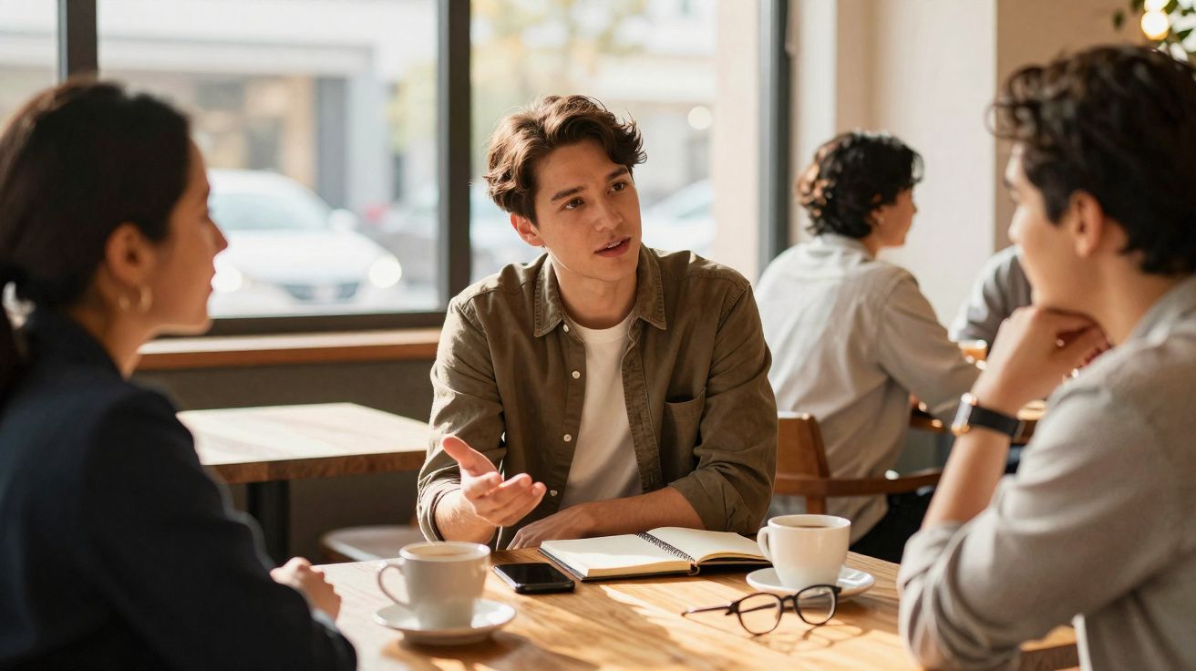 Três pessoas conversando em mesa de café, com caderno, celular, óculos e xícaras sobre a mesa em ambiente iluminado.