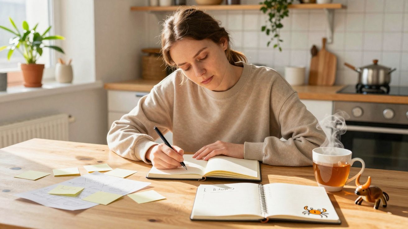 Mulher escrevendo em caderno sentada à mesa de cozinha com chá quente e papéis espalhados.
