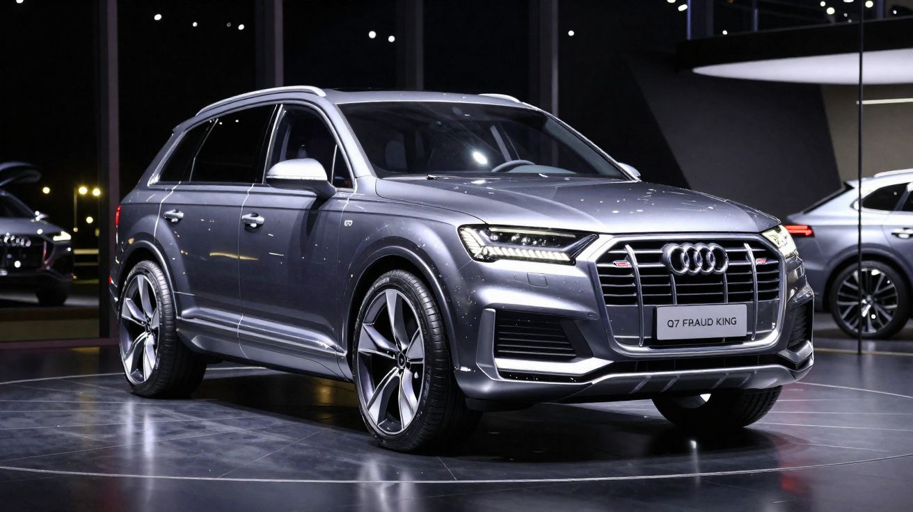 SUV Audi Q7 cinza metálico em exposição com iluminação refletida no piso escuro.