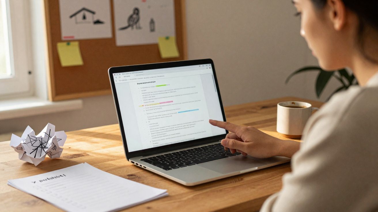 Pessoa apontando para texto colorido em laptop sobre mesa com papéis e xícara de café.