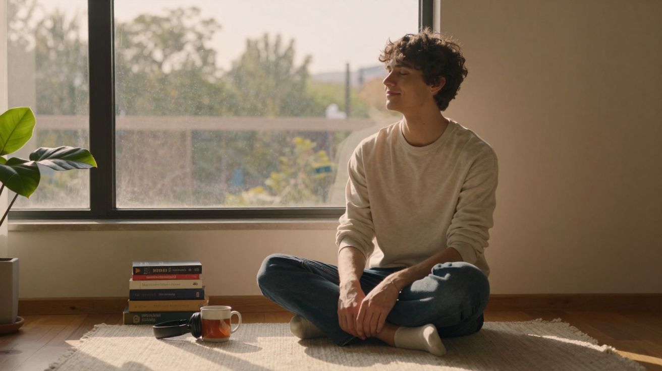Jovem sentado no chão de tapete, com olhos fechados e sorrindo, em frente a uma janela iluminada pela luz do dia.