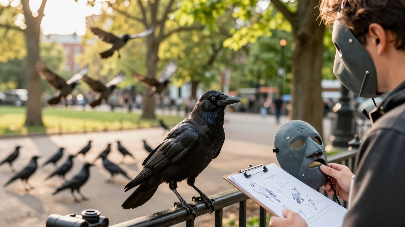 Homem com máscara segurando prancheta observa corvo empoleirado em cerca num parque ao entardecer.