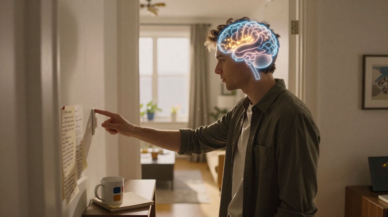 Homem jovem em ambiente interno com ilustração digital do cérebro iluminado sobre a cabeça.