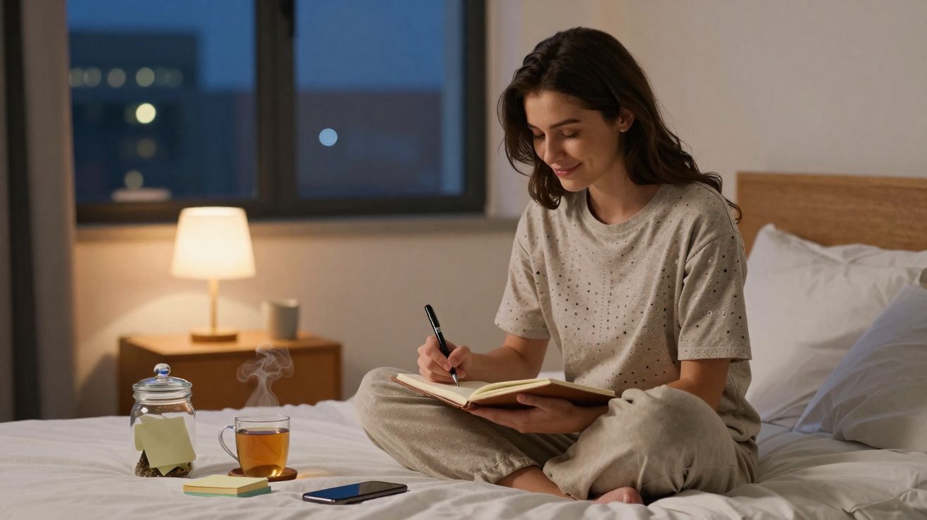 Mulher sorridente sentada na cama à noite escrevendo em um caderno com chá quente ao lado.