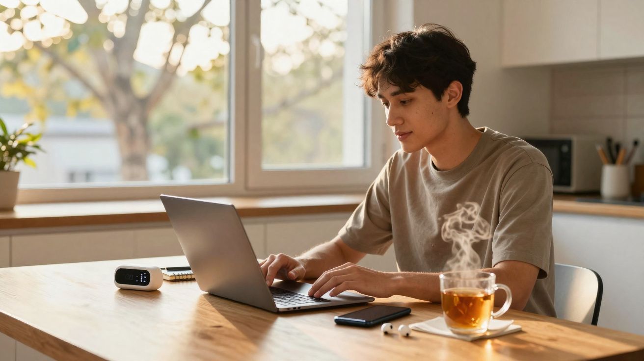Jovem sentado à mesa, trabalhando no laptop com chá quente, celular e relógio digital ao lado.