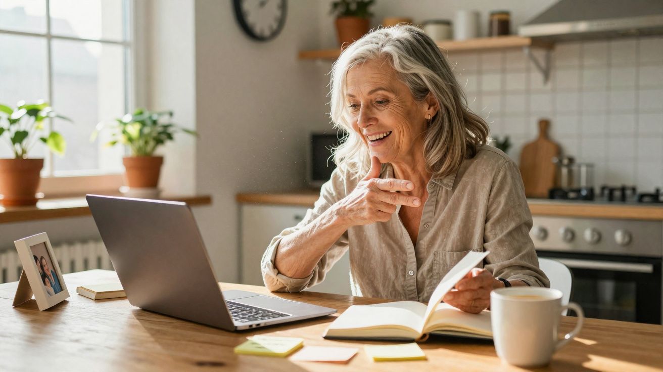 Mulher sorridente usando notebook na cozinha, lendo livro e fazendo videochamada.
