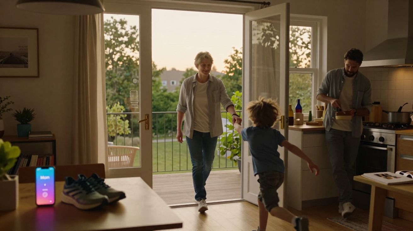 Família feliz em casa, criança correndo para mãe que entra pela porta, pai cozinha ao fundo na cozinha.