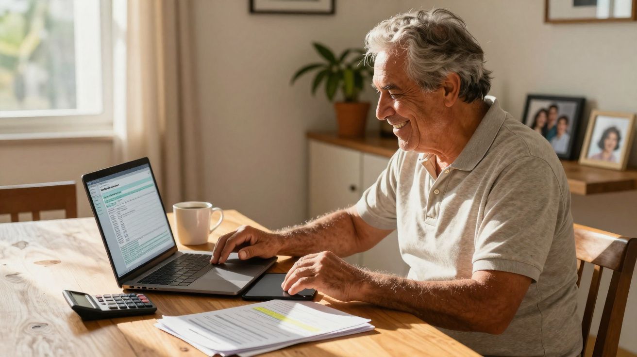 Homem idoso sorridente usando laptop sentado à mesa com documentos e calculadora em ambiente residencial.