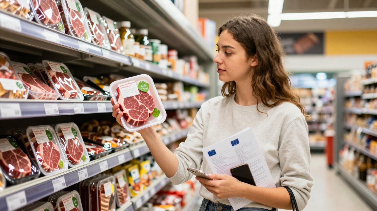Mulher segurando embalagem de carne fria e checando lista de compras no supermercado.