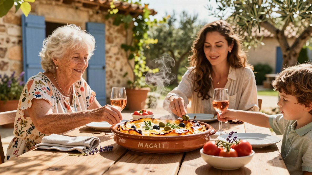 Família de três gerações compartilhando uma refeição ao ar livre em um jardim ensolarado.