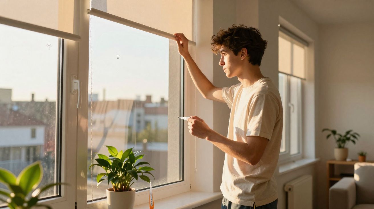 Jovem segurando termômetro e abrindo persiana enquanto olha pela janela em sala iluminada.