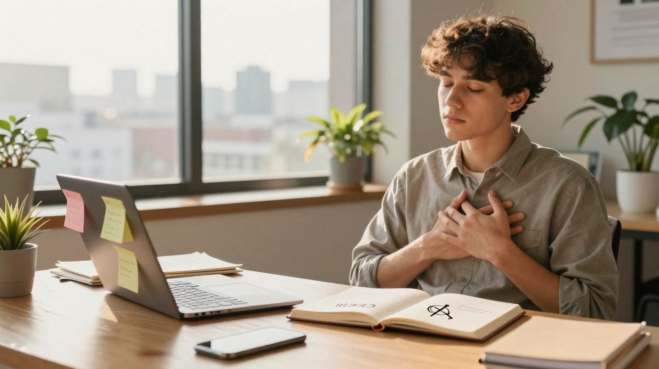 Jovem sentado em mesa com laptop e caderno, mãos no peito, olhos fechados, ambiente de trabalho iluminado.
