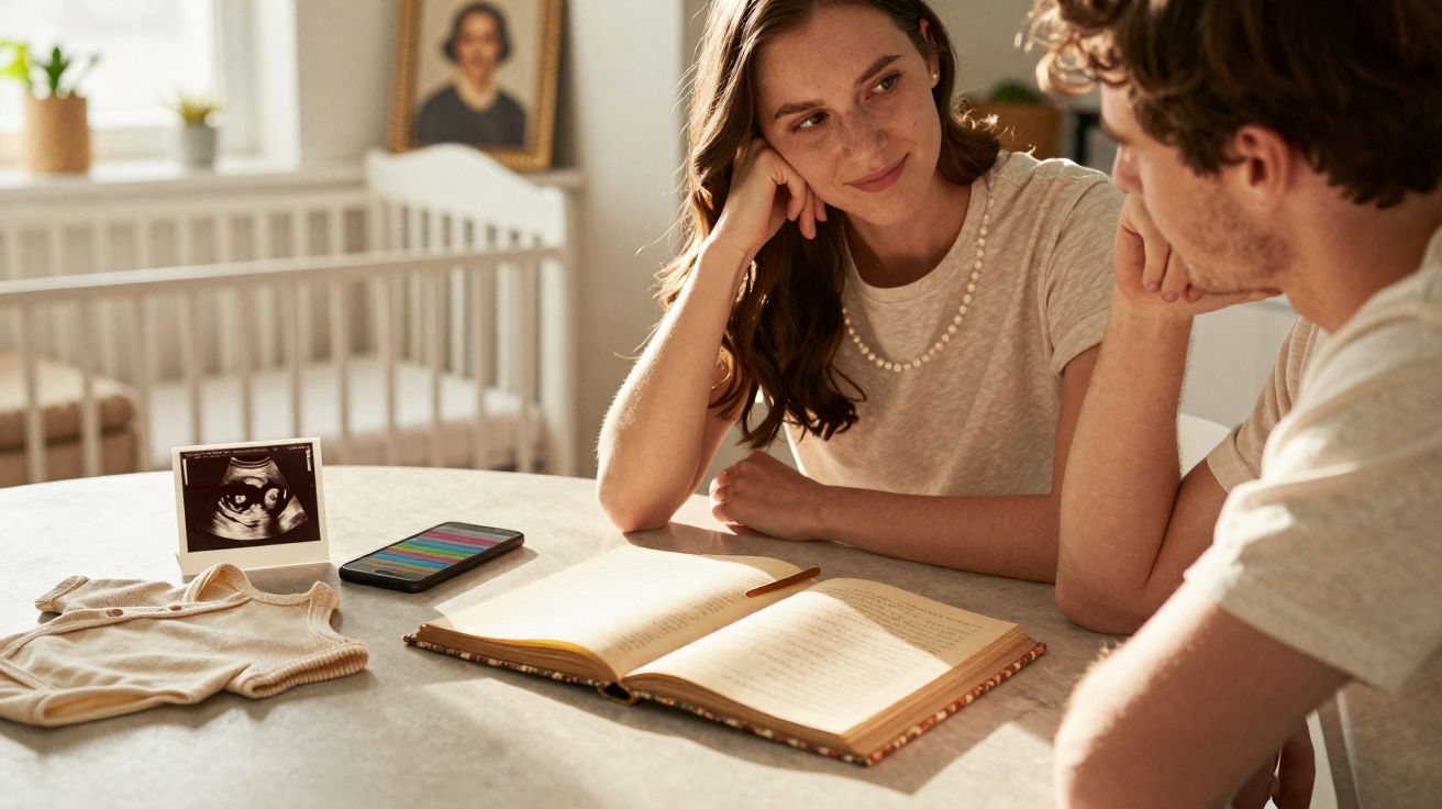 Casal jovem sentado à mesa, olhando um para o outro, com ultrassom, roupinha de bebê e livro aberto.