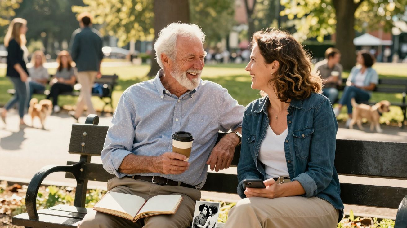 Homem idoso e mulher sentados em banco de parque, sorrindo, com livro e café nas mãos em tarde ensolarada.