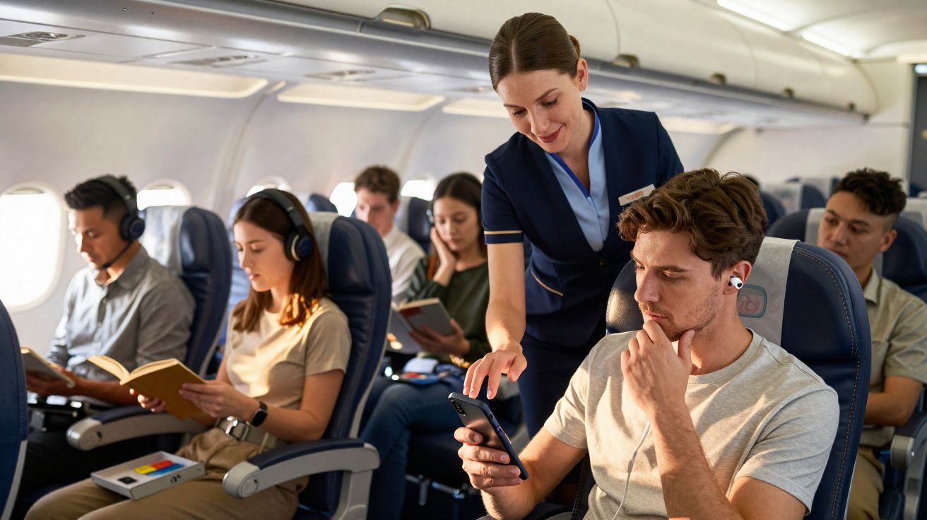 Comissária de bordo interage com passageiro enquanto outros viajam lendo e com fones em avião.