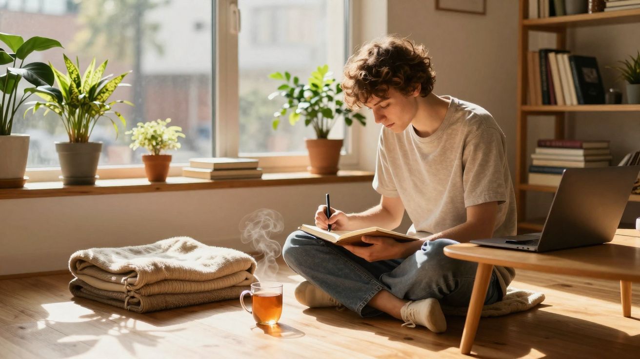 Jovem sentado no chão escrevendo em caderno com laptop ao lado, plantas e xícara de chá em ambiente iluminado.