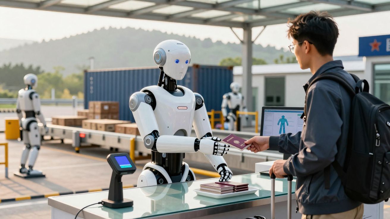 Homem entrega passaporte para robô em balcão de controle com outros robôs ao fundo.
