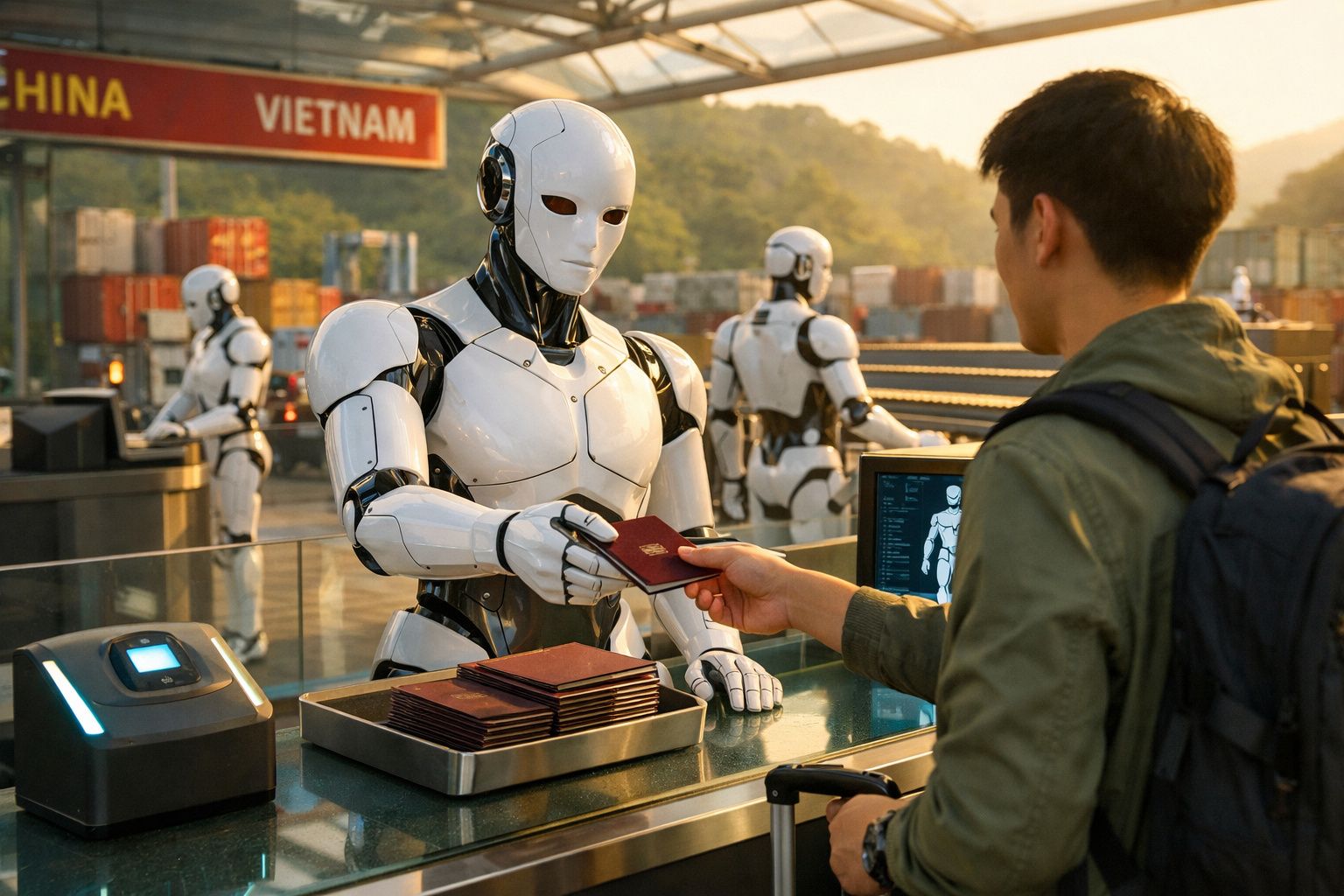 Robô fazendo conferência de passaporte de um viajante em ponto de controle na fronteira entre China e Vietnã.