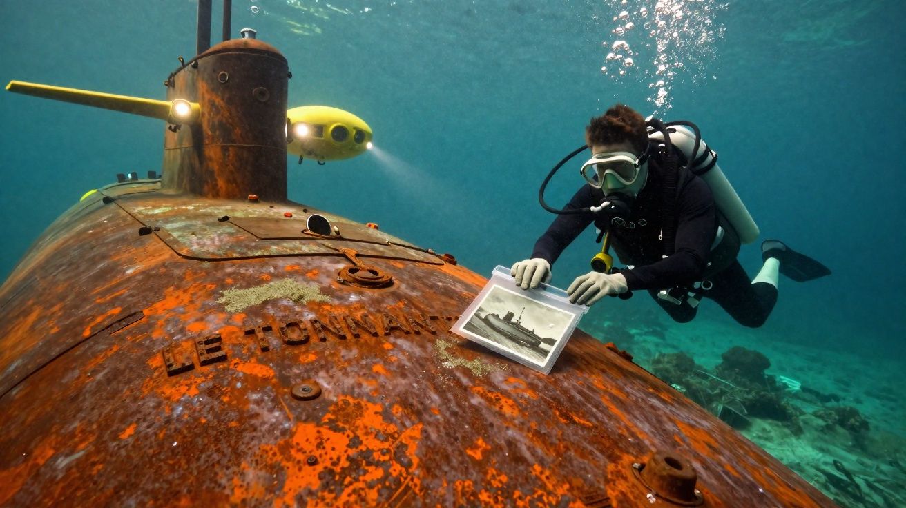 Mergulhador segurando foto perto de submarino enferrujado Le Tonnan no fundo do mar.