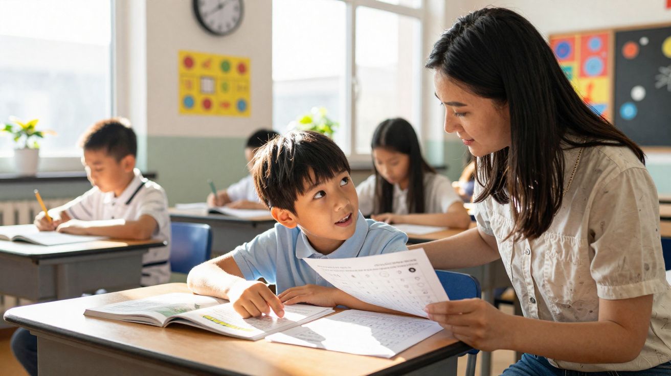 Professoras ajuda aluno com atividades escolares em sala de aula iluminada, com outros estudantes concentrados ao fundo.