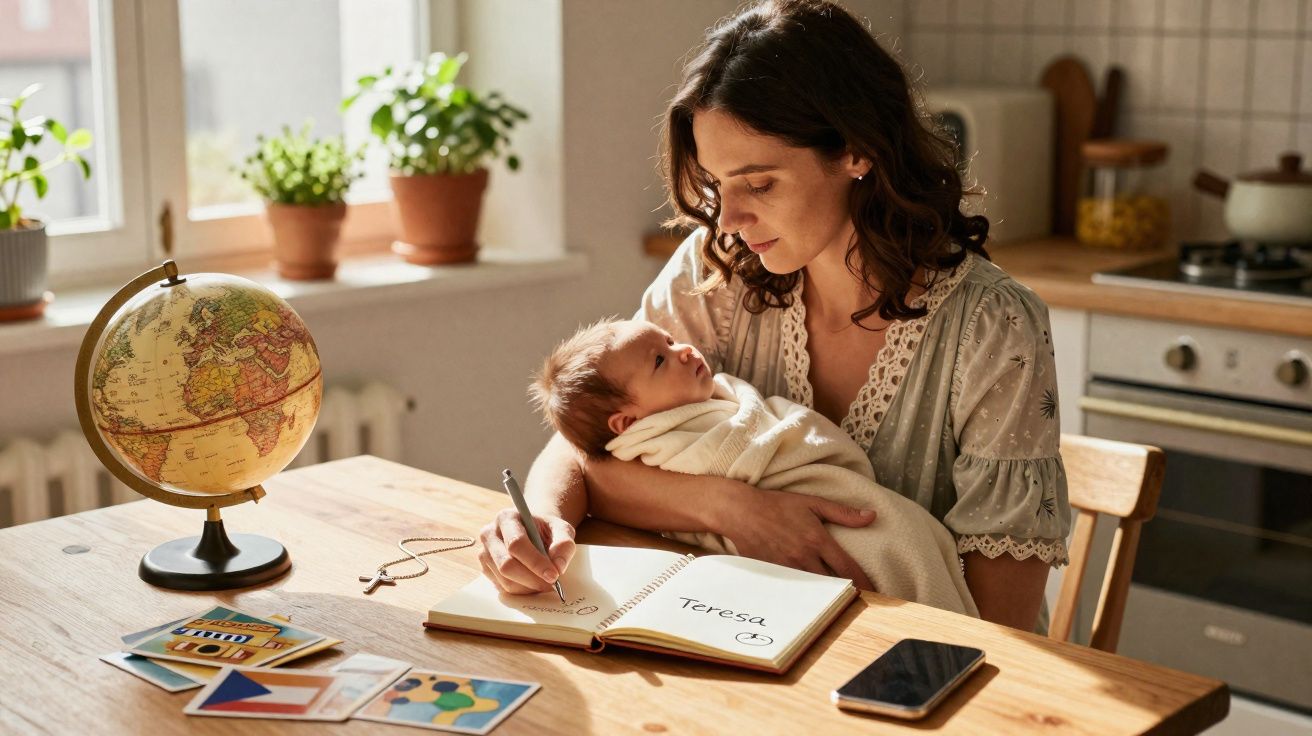 Mulher segurando bebê enrolado em cobertor enquanto escreve em caderno no café da manhã.