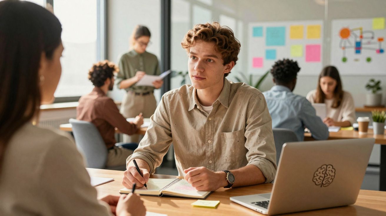 Jovem conversando e anotando em caderno durante reunião em escritório moderno com outras pessoas ao fundo.