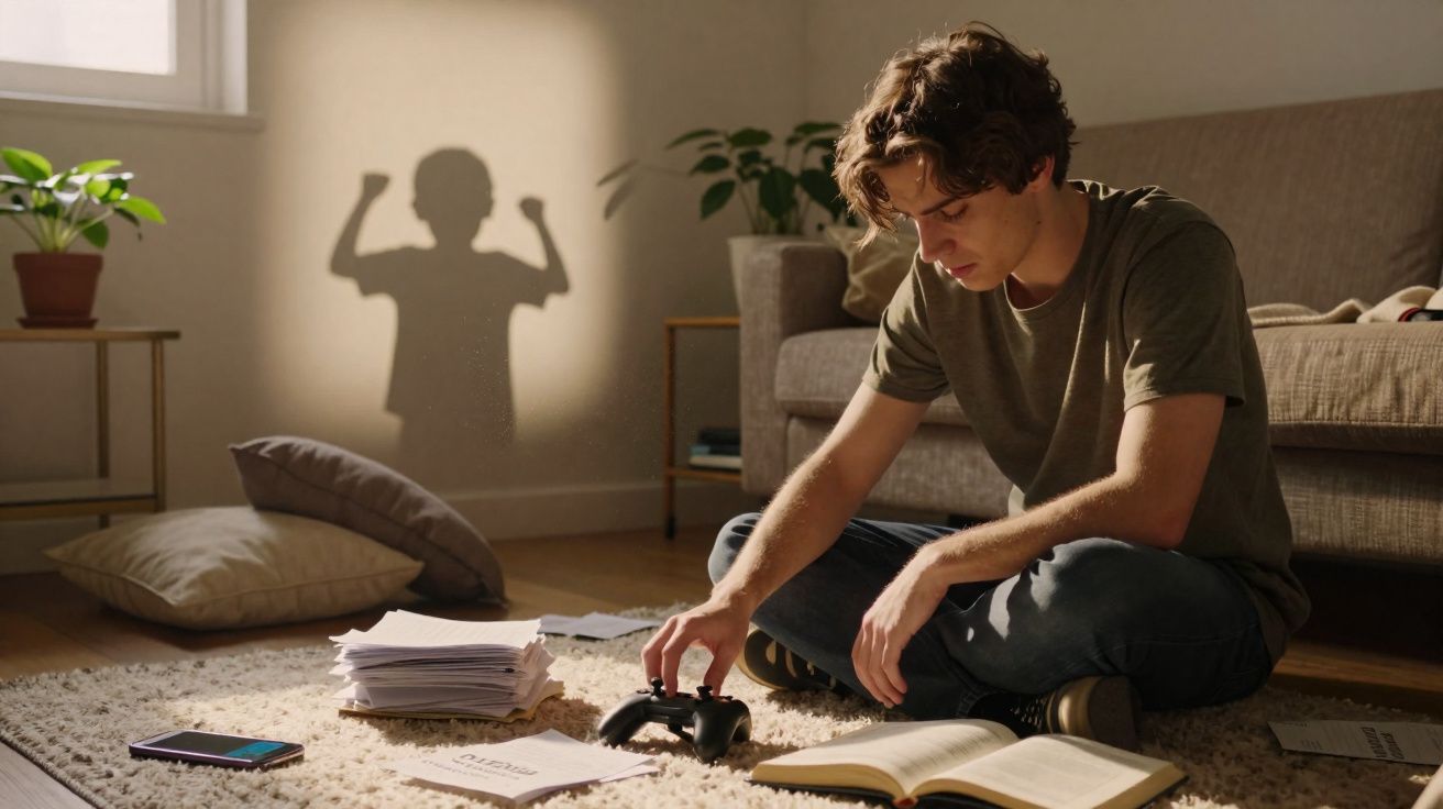 Jovem sentado no chão com controle, livros e papéis, sombra na parede mostrando criança flexionando braços.