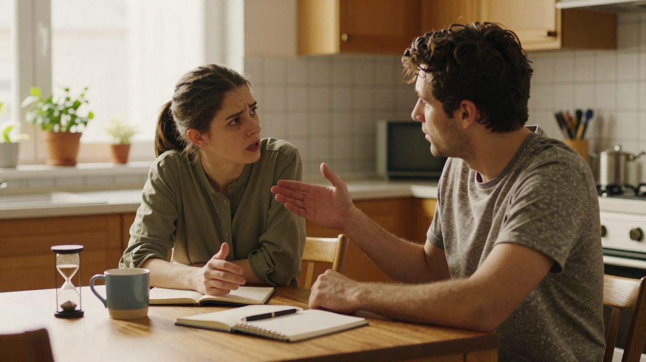 Casal discutindo na cozinha, sentados à mesa com cadernos e xícara, expressão séria e gestos intensos.