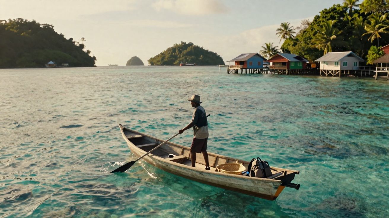 Homem remando em barco de madeira em água cristalina próximo a casas sobre palafitas e ilhas tropicais.