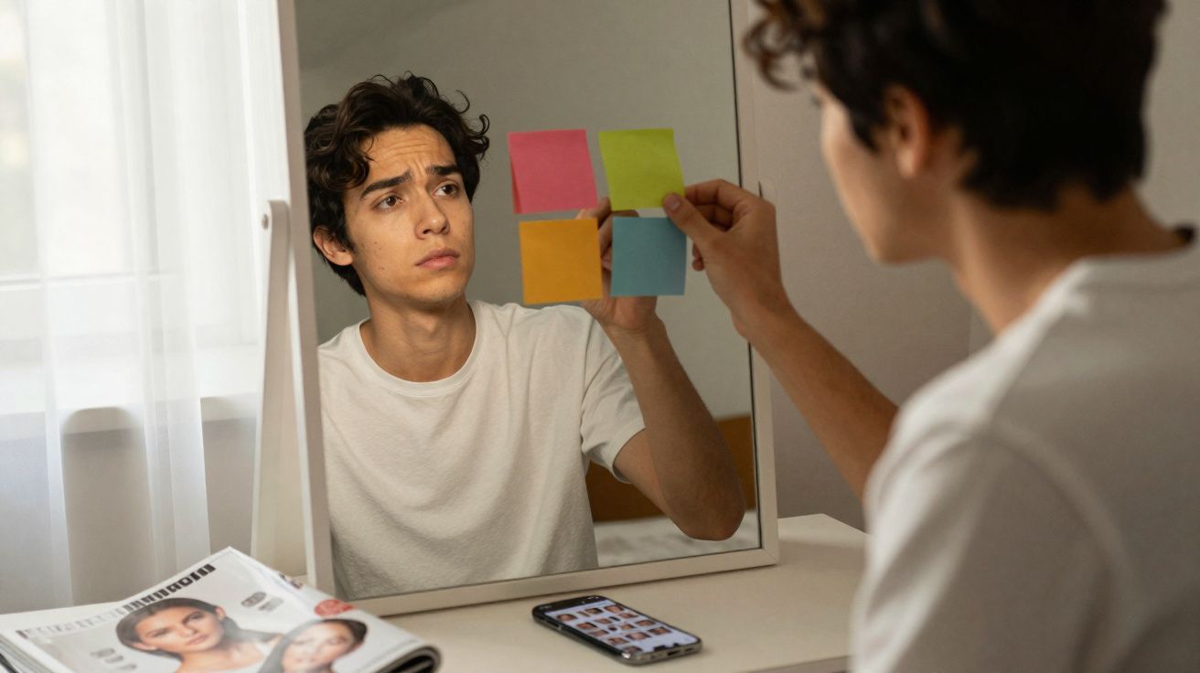 Jovem sentado diante de espelho com post-its coloridos colados e celular sobre mesa branca.