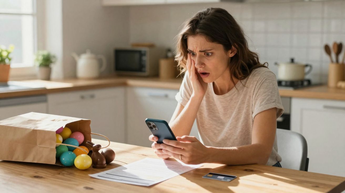 Mulher preocupada usa celular sentada à mesa com ovos coloridos, papéis e cartão de crédito na cozinha.