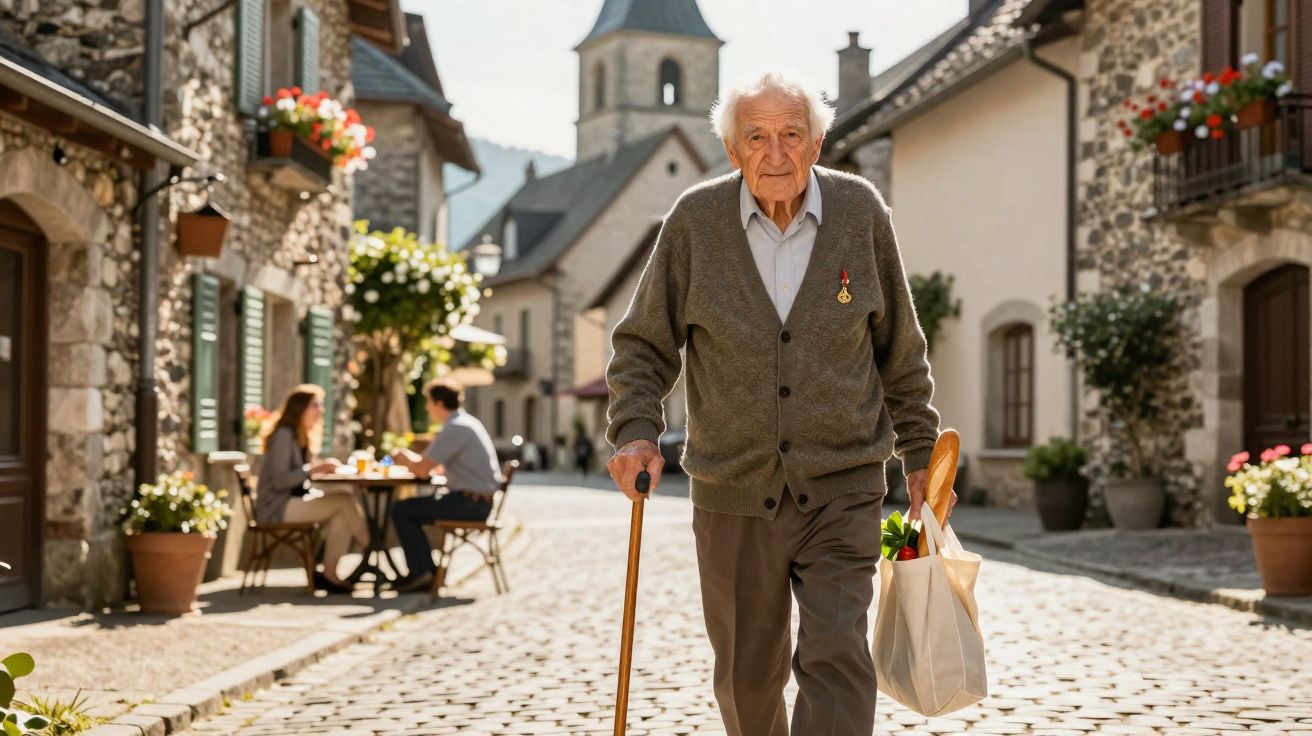 Idoso caminhando com bengala e sacola de compras em rua de paralelepípedo de vila charmosa.