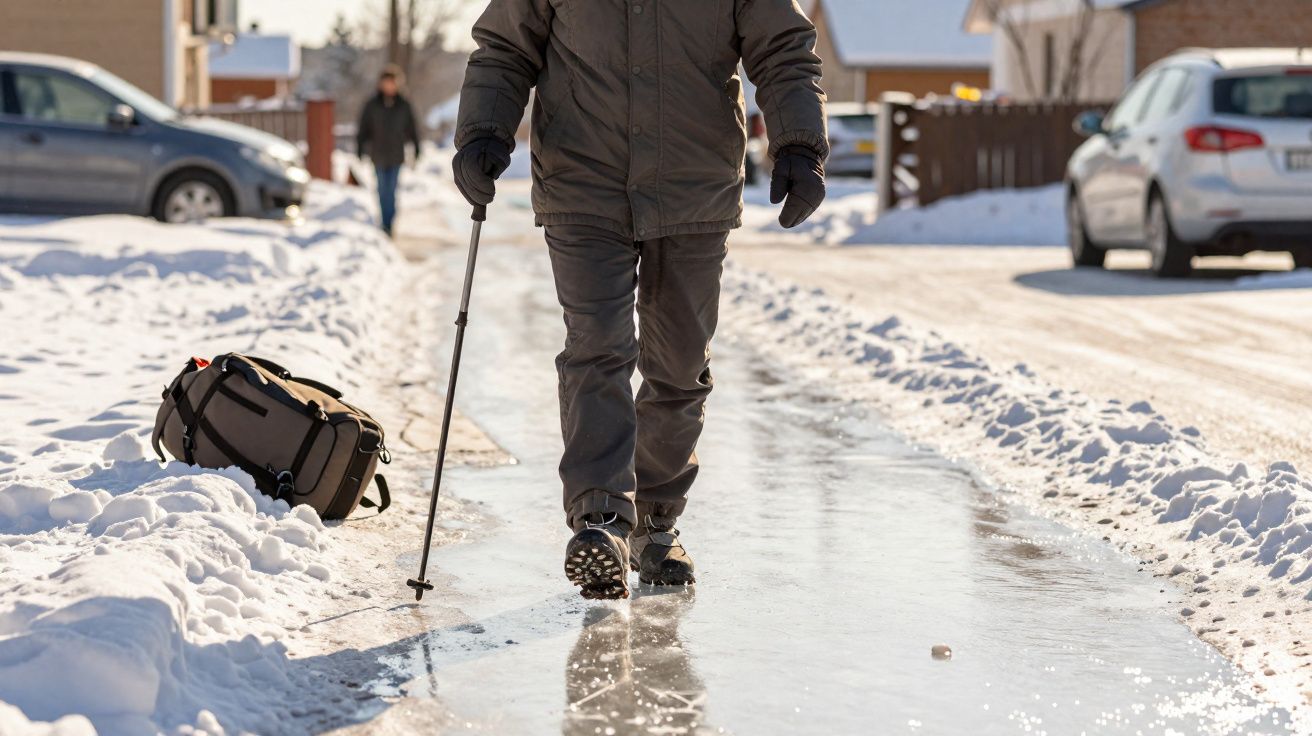 Pessoa caminhando com bengala em calçada de gelo cercada por neve em área residencial.