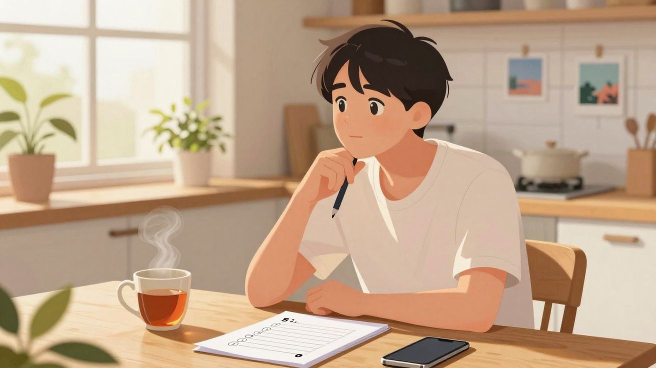 Jovem pensativo sentado à mesa com caneta, lista e chá quente na cozinha iluminada.