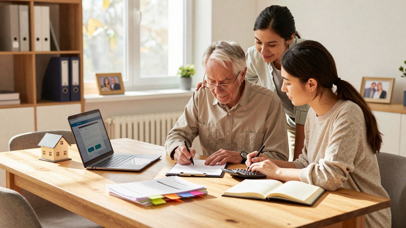 Idoso recebendo ajuda de duas jovens enquanto assina documentos em mesa com laptop e calculadora.