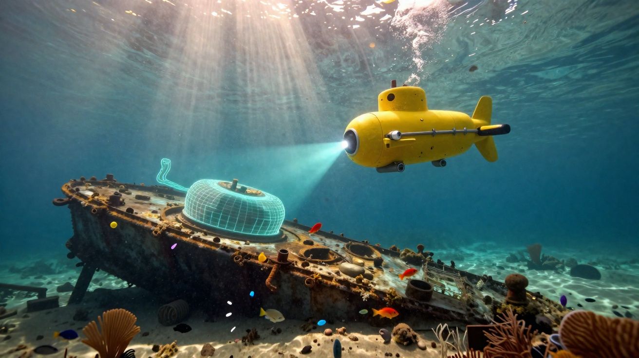 Submarino amarelo explorando naufrágio com holograma azul no fundo do mar iluminado por raios solares.