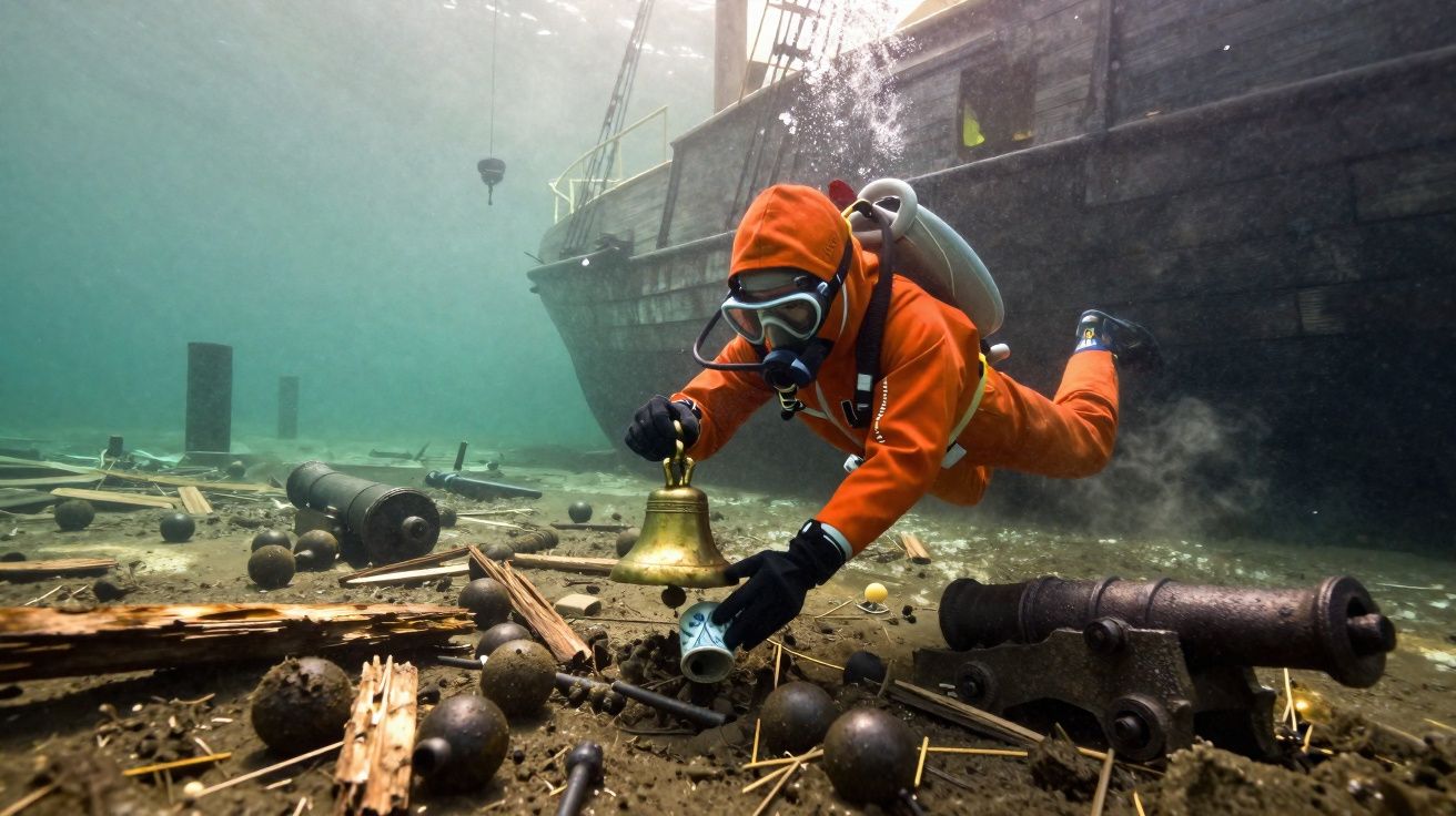 Mergulhador em traje laranja explora destroços subaquáticos com canhão antigo e sinos ao redor.