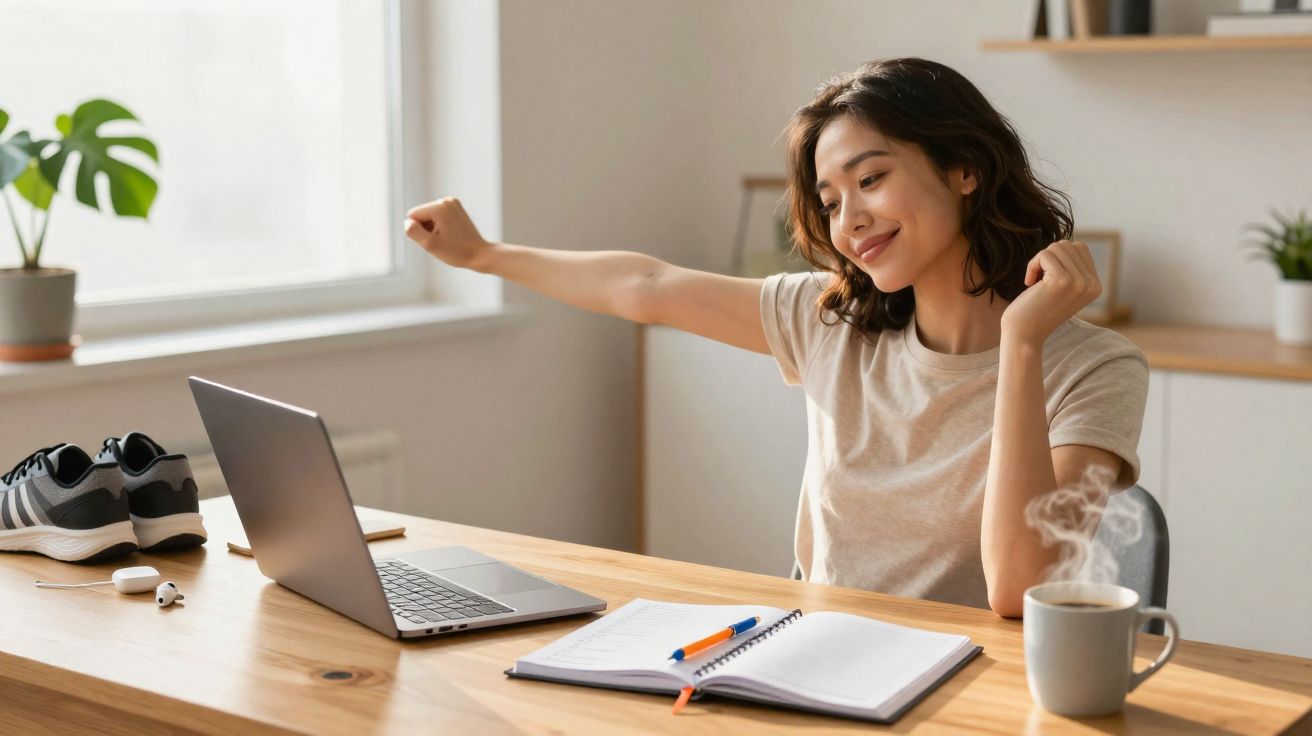 Mulher jovem espreguiçando-se enquanto trabalha em laptop, com caderno, canetas e café na mesa.