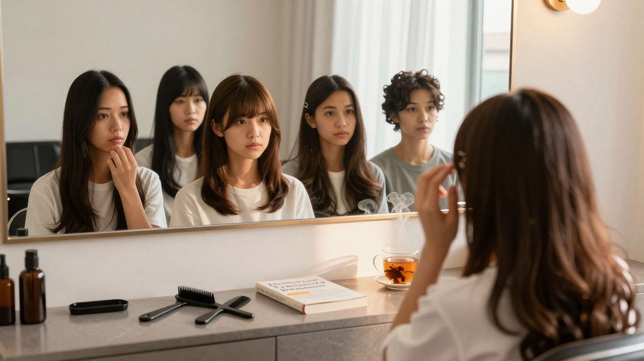 Mulher olhando no espelho e vendo cinco reflexos diferentes, ao lado de livro, chá e objetos de beleza.