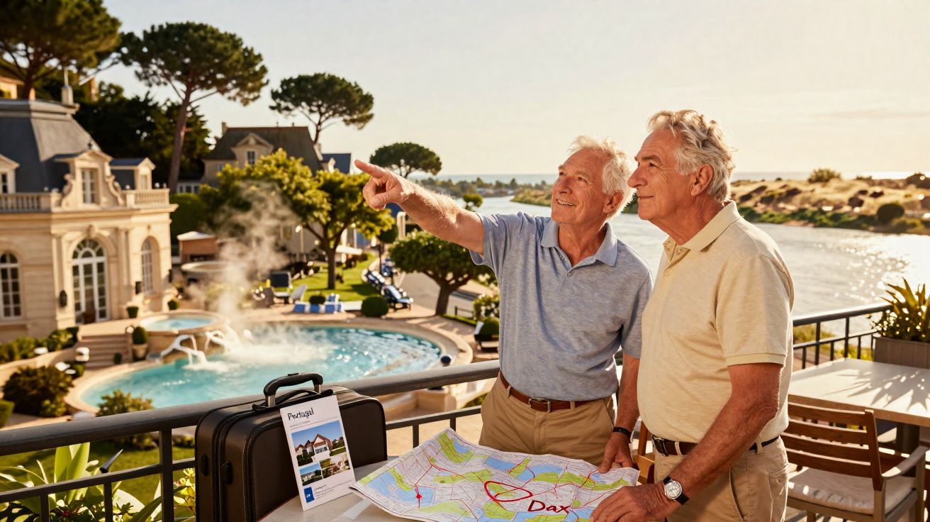 Dois homens idosos em varanda com mapa, mala e vista para piscina e casa de campo ensolarada.