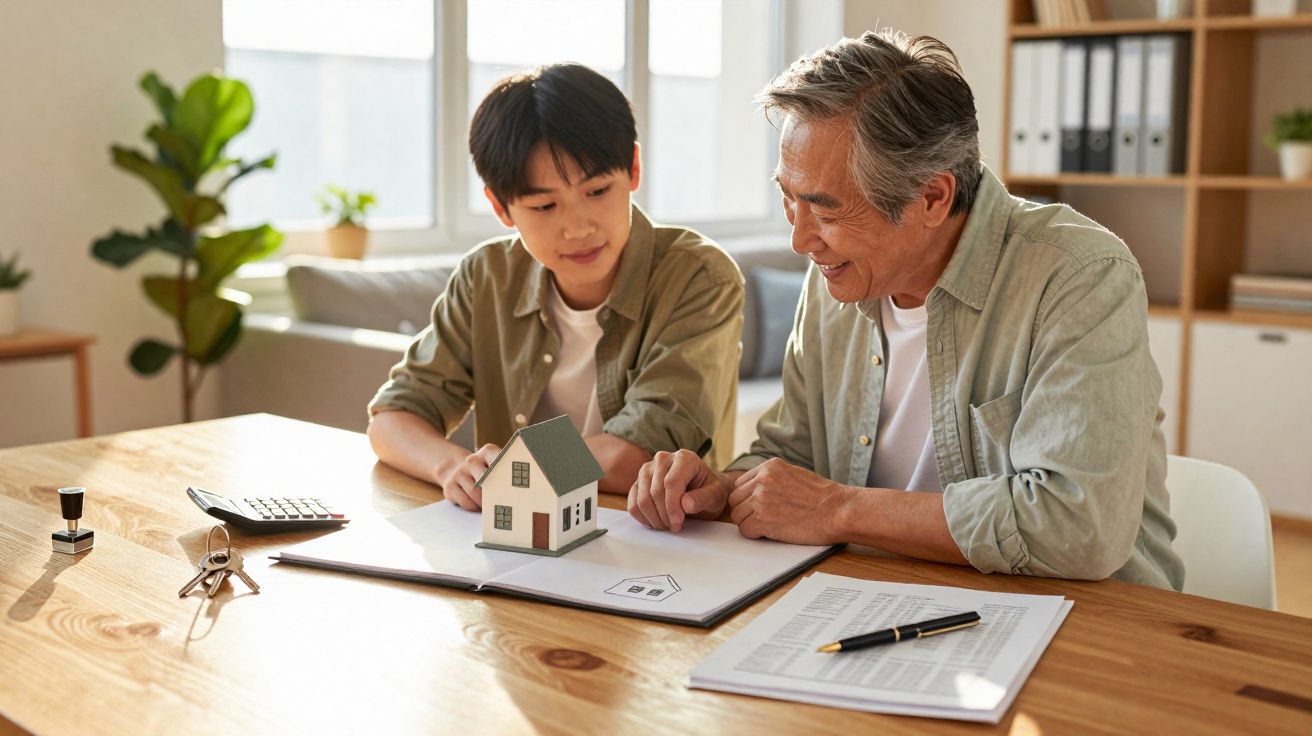 Homem idoso e jovem analisando projeto imobiliário com miniatura de casa sobre mesa de madeira.