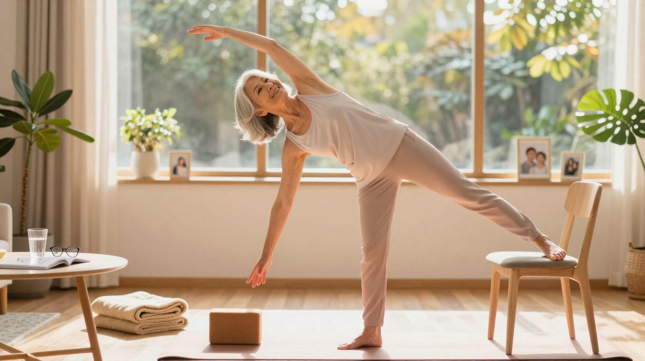 Mulher idosa praticando yoga em casa, apoiando um pé em uma cadeira, em ambiente iluminado e acolhedor.