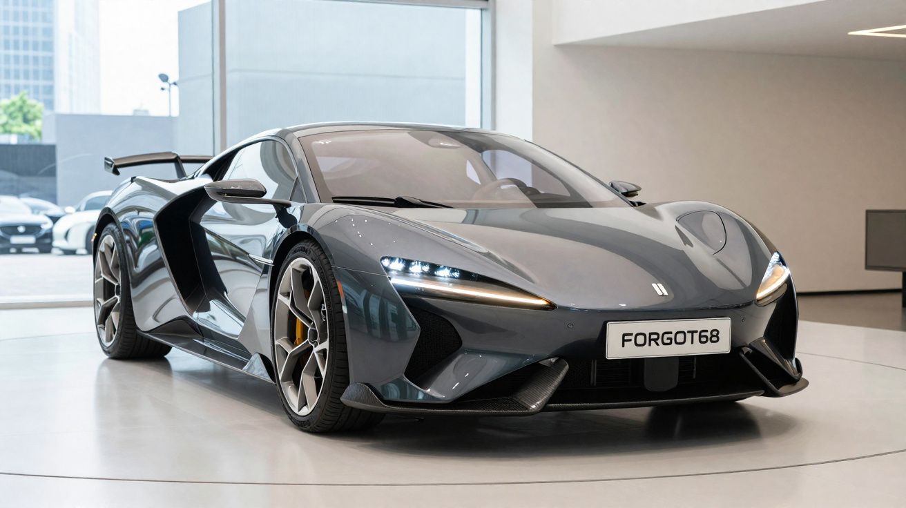 Carro esportivo cinza metálico estacionado em ambiente interno com faróis acesos e placa personalizada FORGOT68.
